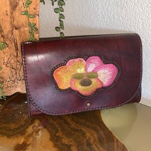 LEATHER CLUTCH, FLOWER, handmade maroon clutch, colorful embroidery on flap. EUC
